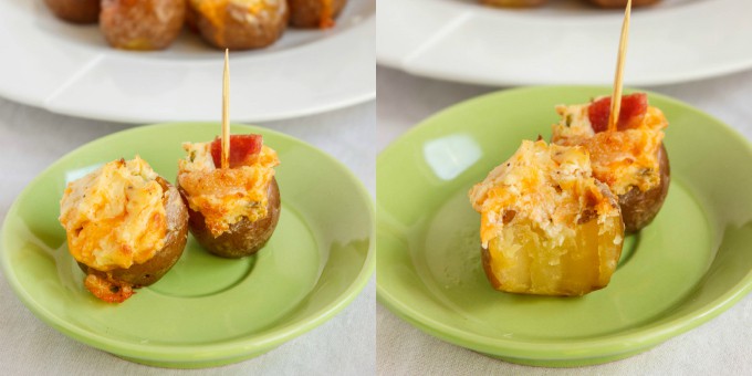 Jalapeno Popper Stuffed Creamer Potatoes on small grean plates