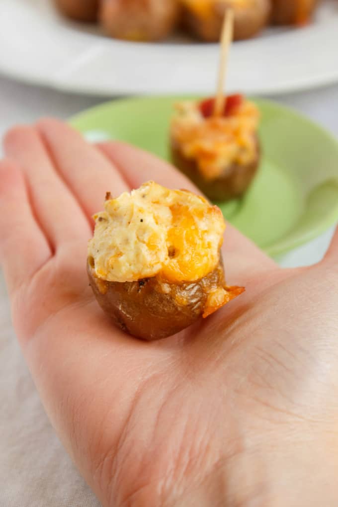 Jalapeno Popper Stuffed Creamer Potatoe held by hand, green plate with same dish in the background