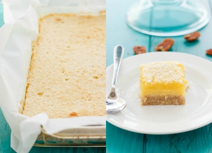 Pecan and Lemon Bars dough on baking paper and lemon bar on white plate with spoon on blue table with spilled pekans #beforeandafter