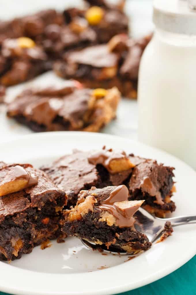 Reese's Peanut Butter Brownies  on whote plate with spoon, bottle of milk with brownies in the background#slice