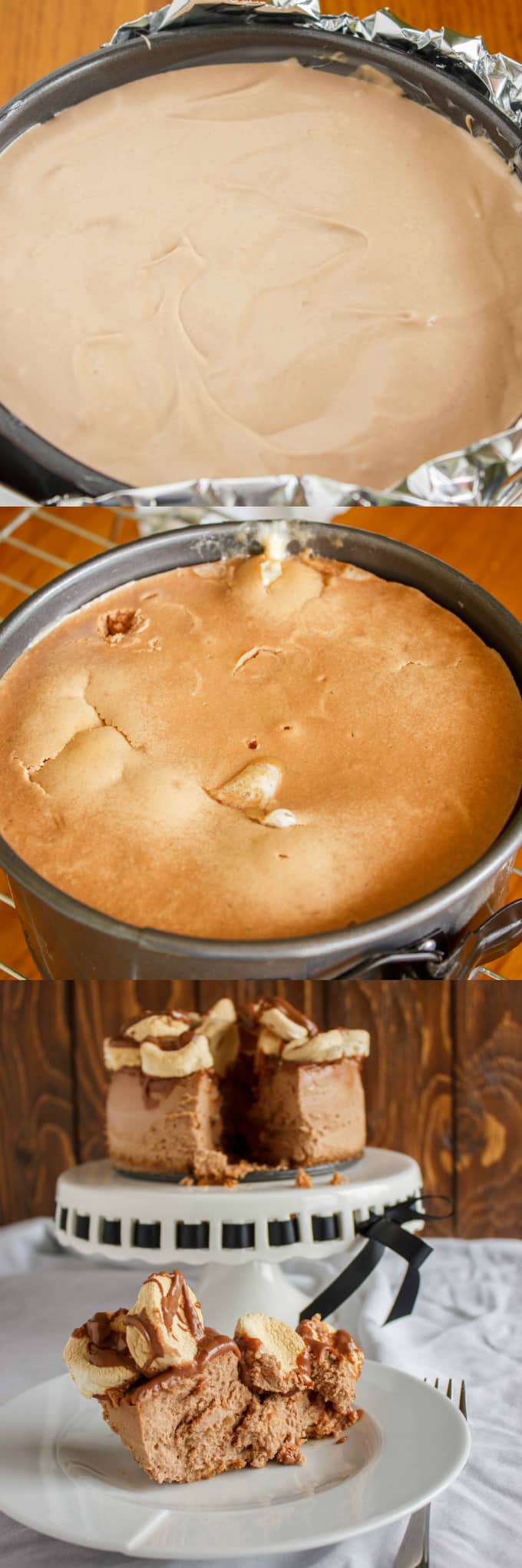 S'mores Cheesecake  dough in baking pot before and after baking, cheesecake on white tray and slice on white plate