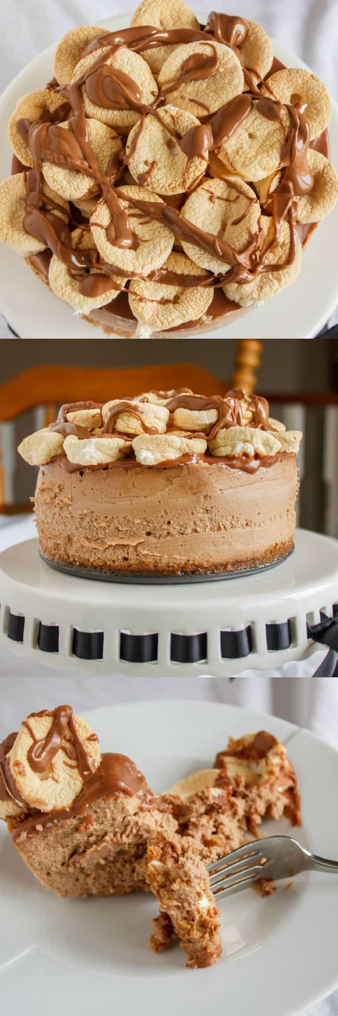 S'mores Cheesecake slice on white plate cutted by fork, cheesecake on white tray in the background