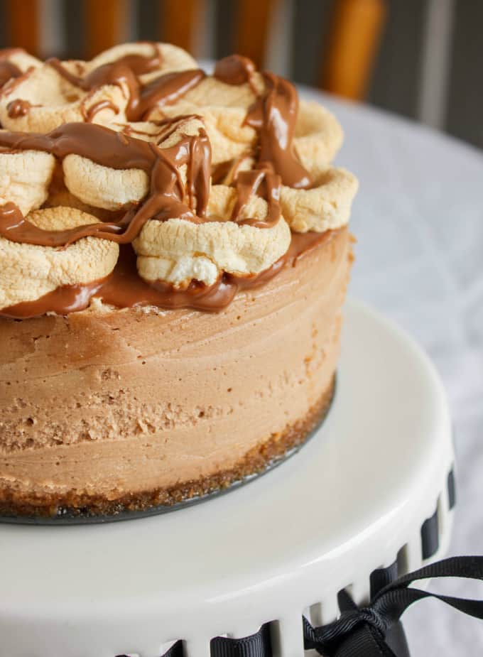 S'mores Cheesecake on white tray on white table