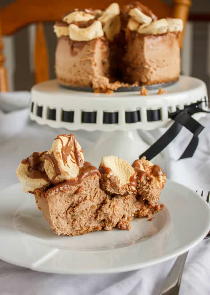 S'mores Cheesecake on white tray, slice of cheesecake on white plate