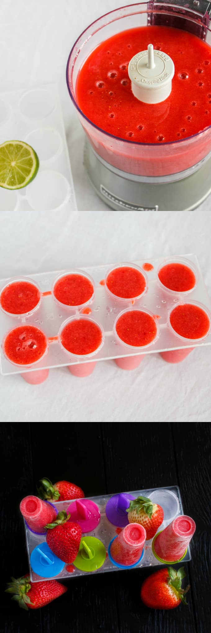 Strawberry Sorbet Popsicles mix in blender with cutted lemon, popsicles mix in plastic form, popsicles on plastic form with ripe strawberries on black background