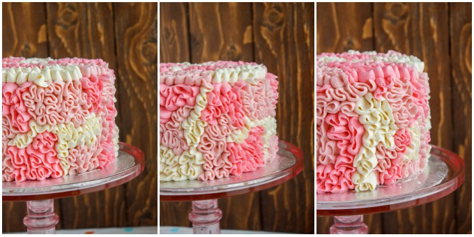 Zebra Cake with Messy Ruffles  frosting from different view on glass tray