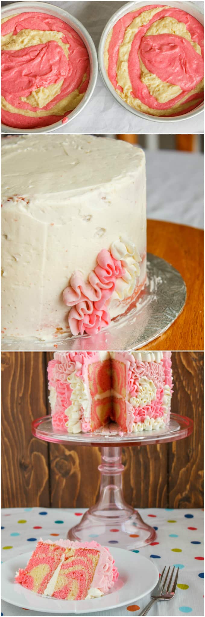 Zebra Cake with Messy Ruffles making frosting, cake on glass tray and slice on white plate