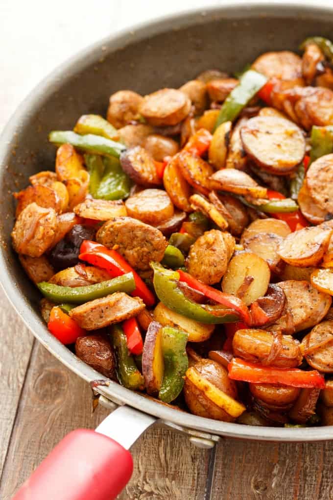 Breakfast Throw-Together Creamer Potatoes with Sausage and Peppers in frying pan on wooden table#potatoes