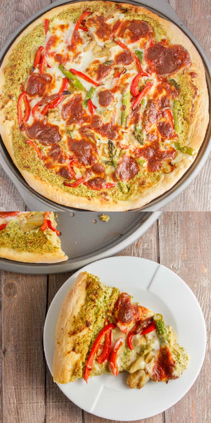 Broccoli pizza on tray and slice of pizza on white plate