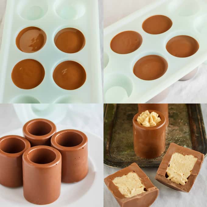 Chocolate Shot Glasses with Peanut Butter Mousse  in plastic form, empty and with peanut butter mousse