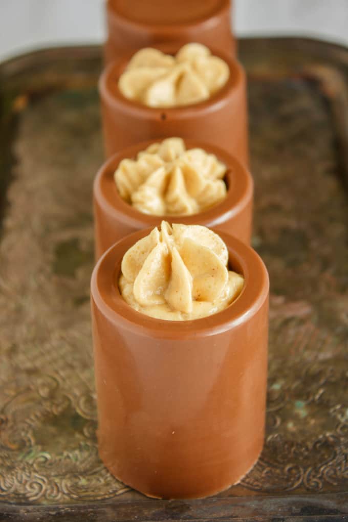 Chocolate Shot Glasses with Peanut Butter Mousse on tray