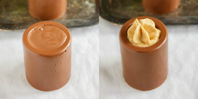 Chocolate Shot Glasses with Peanut Butter Mousse upside down and normal