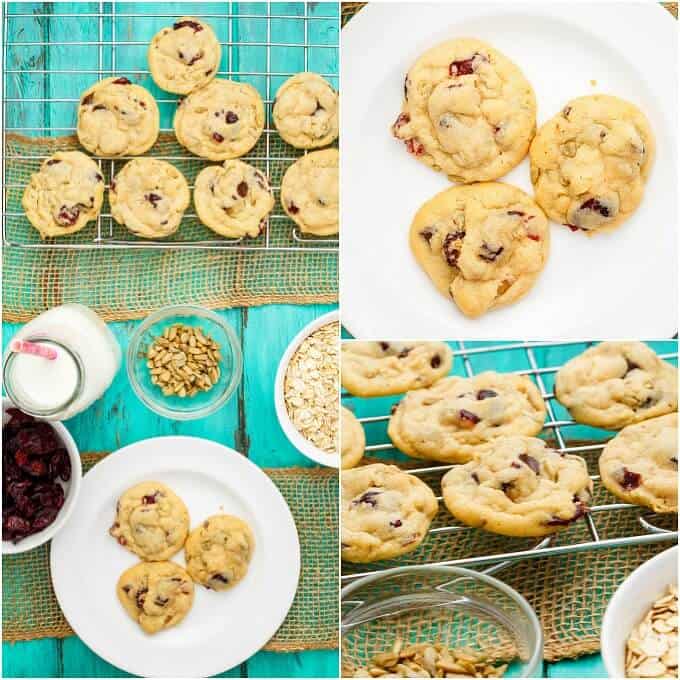 Granola Bar Chocolate Chip Cookies in the process of making, cookies on baking grid, white plates on blue table with bowls full of ingredients