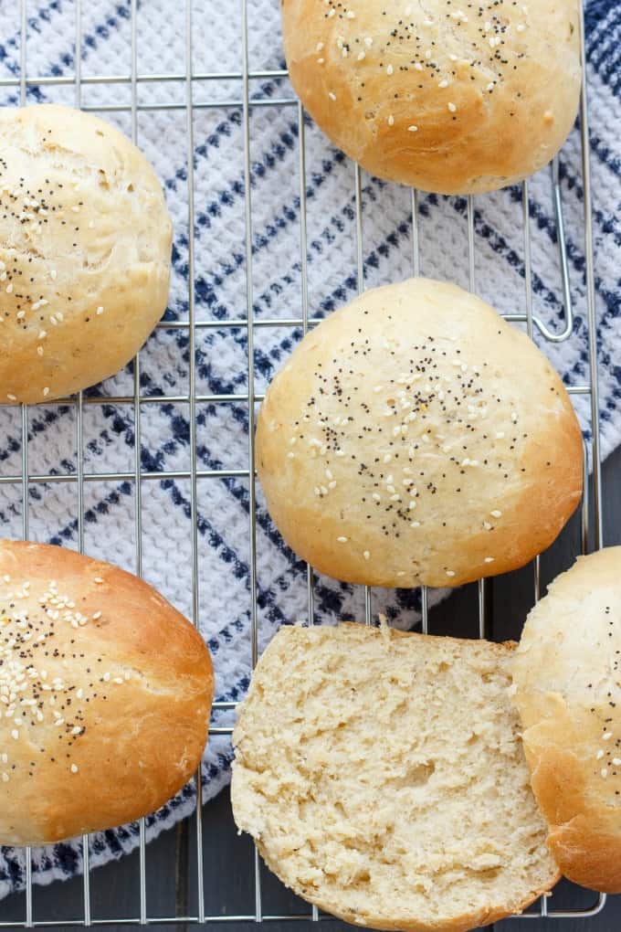 Homemade Hamburger Buns on baking grid#bread