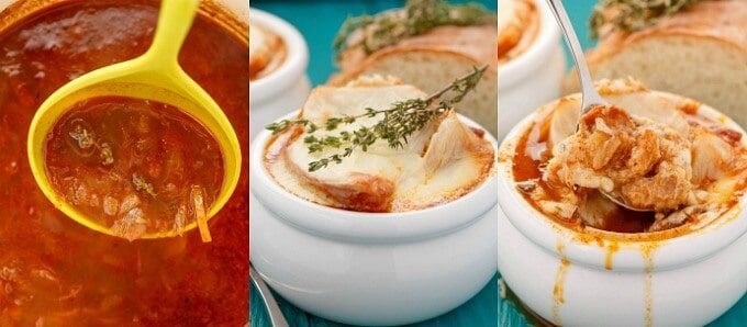 Massaman Curry French Onion Soup in pot with yellow scoop, in white bowls with spoon on blue table