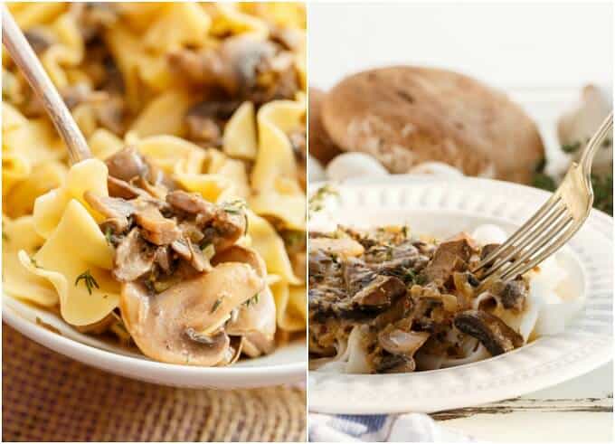 Mushroom Stroganoff  on white plate with fork,and loaf of bread, different view(Vegetarian)