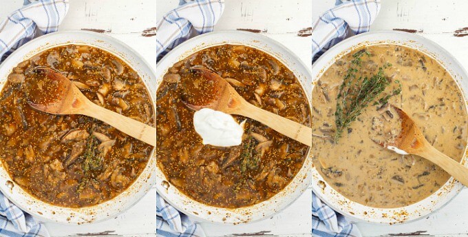 Mushroom Stroganoff on white plates with wooden spatulas(Vegetarian)