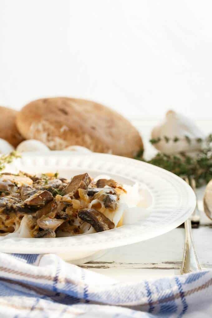 Mushroom Stroganoff  on white plate on baking grid with loafs of bread and herbs in the background(Vegetarian)