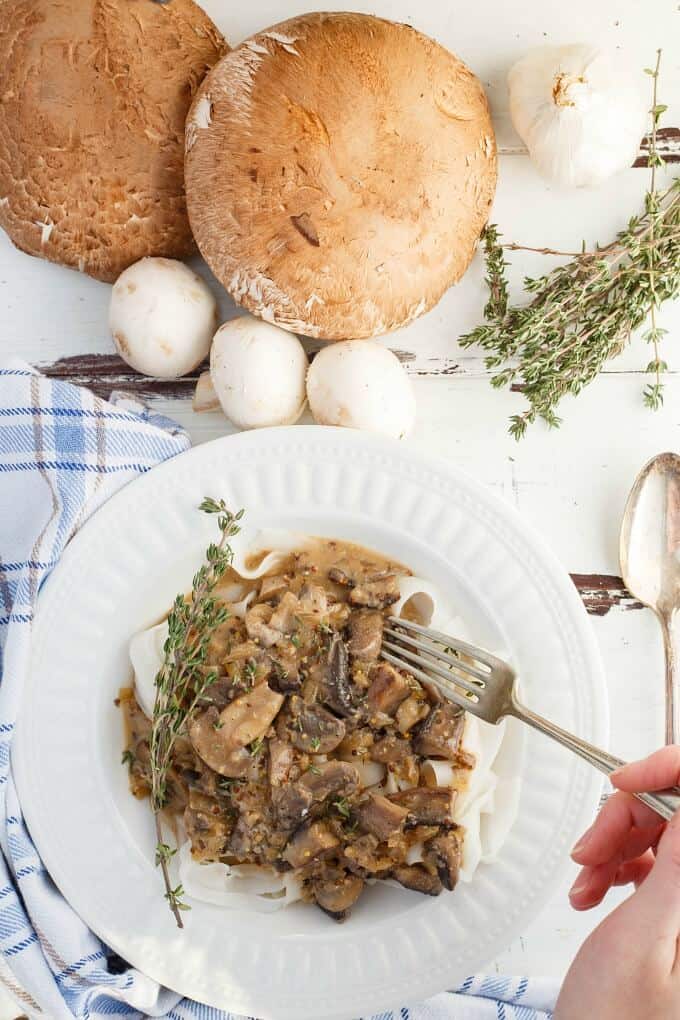 Mushroom Stroganoff on white plate with herb, fork held by hand. Mushrooms, spoon, herbs, cloth wipe on white table
