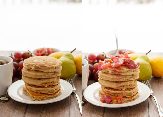 Pear Pancakes with Grape Sauce on white plates with and without fruits on the top, lemons and grapes in 
 the background#beforeandafter
