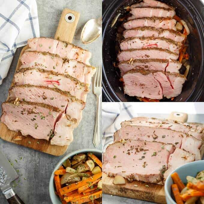 Pork Shoulder with Vegetables in the Slow Cooker, sliced pork on wooden pad with bowl full of chopped vegetables