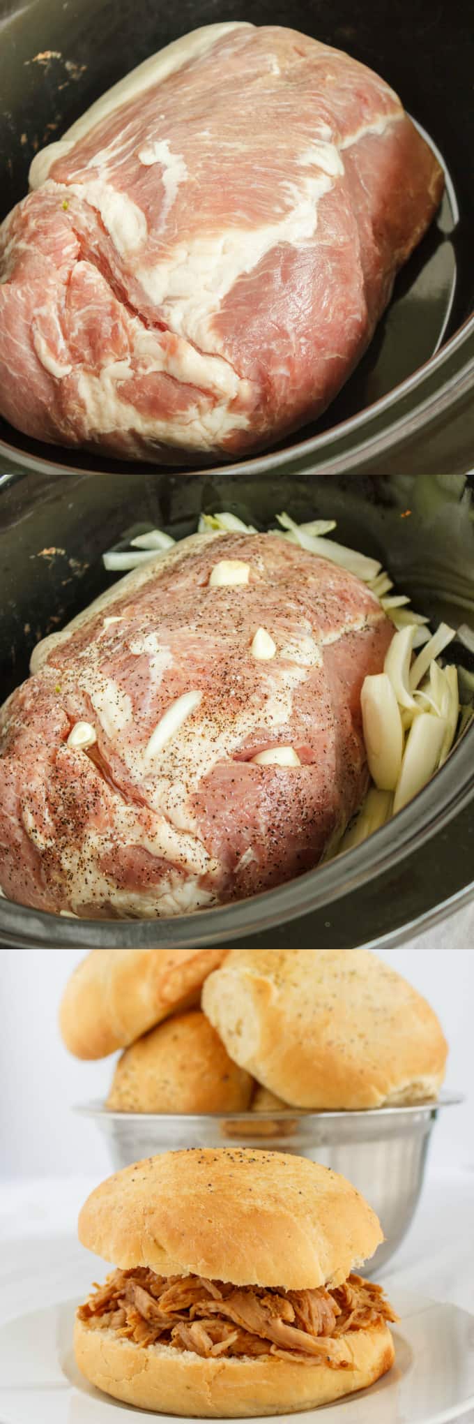 Pulled Pork in the Slow Cooker  being cooked, pork in buns like hamburger on white plate, buns in the background