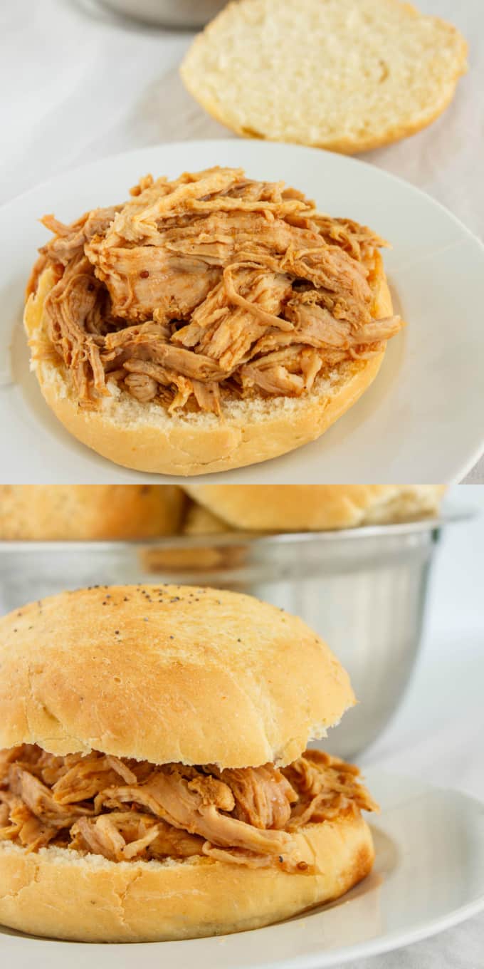 Pulled Pork in the Slow Cooker  stuffed between buns on white plate