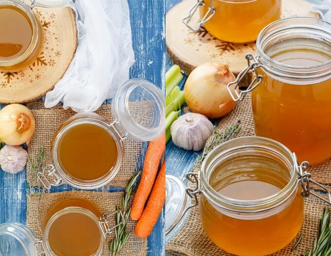 Tutorial: Homemade Chicken Stock in glass jars with onion,galic, carrots and herbs on the table