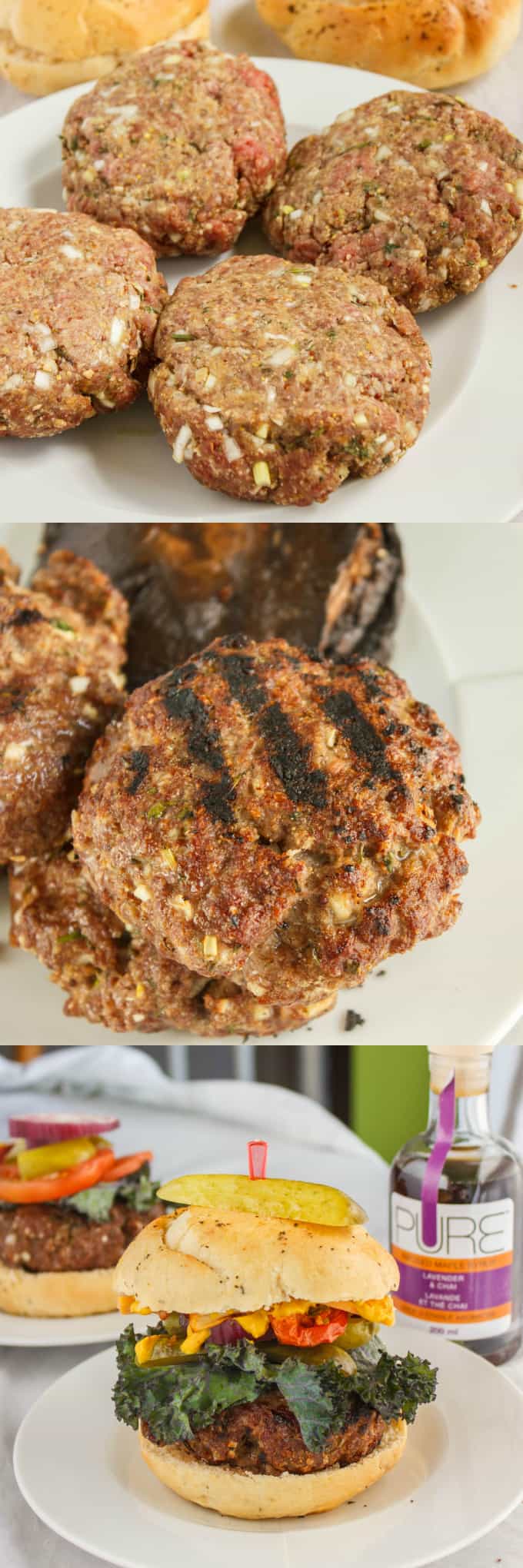 Meat hamburger pads before and after grilled, homemade burger on white plate