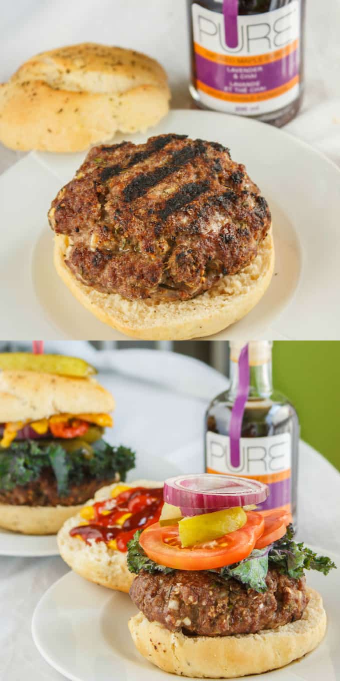 Homemade hamburger without veggies on white plate, whole hamburger on white plate with bottle and hamburger in the background