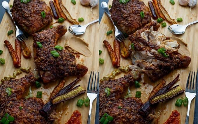 Asian Inspired Chicken Leg Quarters on wooden pad with veggies and forks and spoons