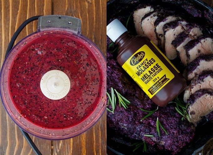 Blueberry Molasses Pork Tenderloin sauce in mixer, dish in baking pot with bottle of molasse