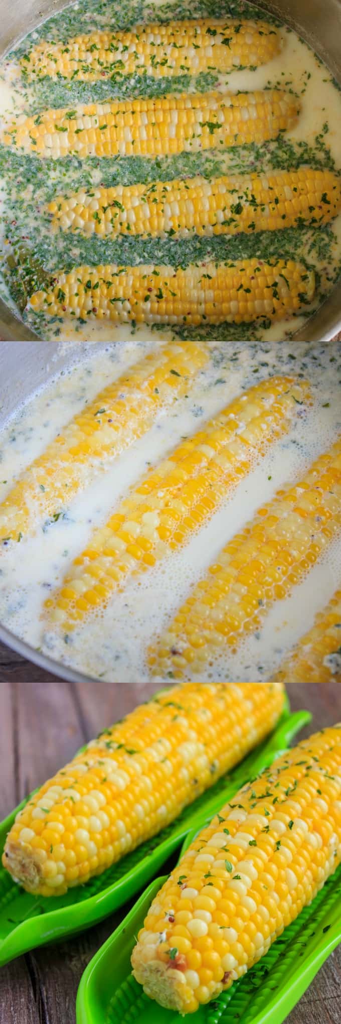 Corn on the Cob Boiled in a Milk Broth in pot, corn on the cob on wooden table