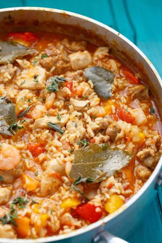 Easy jambalaya recipe  in pan on blue table