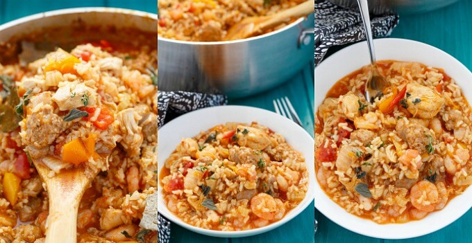 Jambalaya dish in pan with wooden  asptula, jambalaya on white plate with spoon, different views