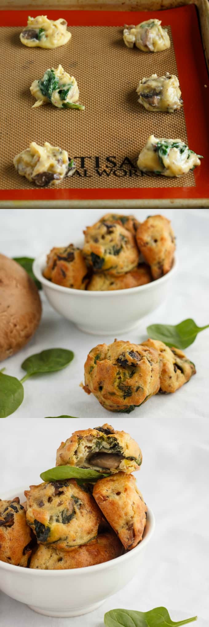 Mushroom and Spinach Puffs before baking, puffs on white table with spilled spinach with bowls fulll of puffs in the background