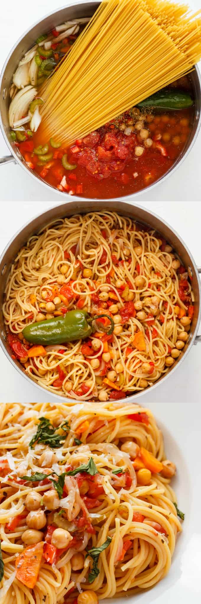 One-Pot Spaghetti Pasta Meal in pot before and after cooking, one-pot spaghetti pasta meal on white plate