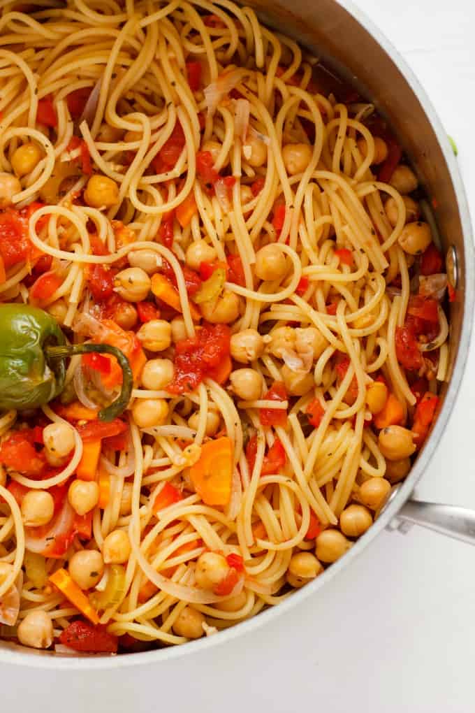 One-Pot Spaghetti Pasta Meal in pan on white background