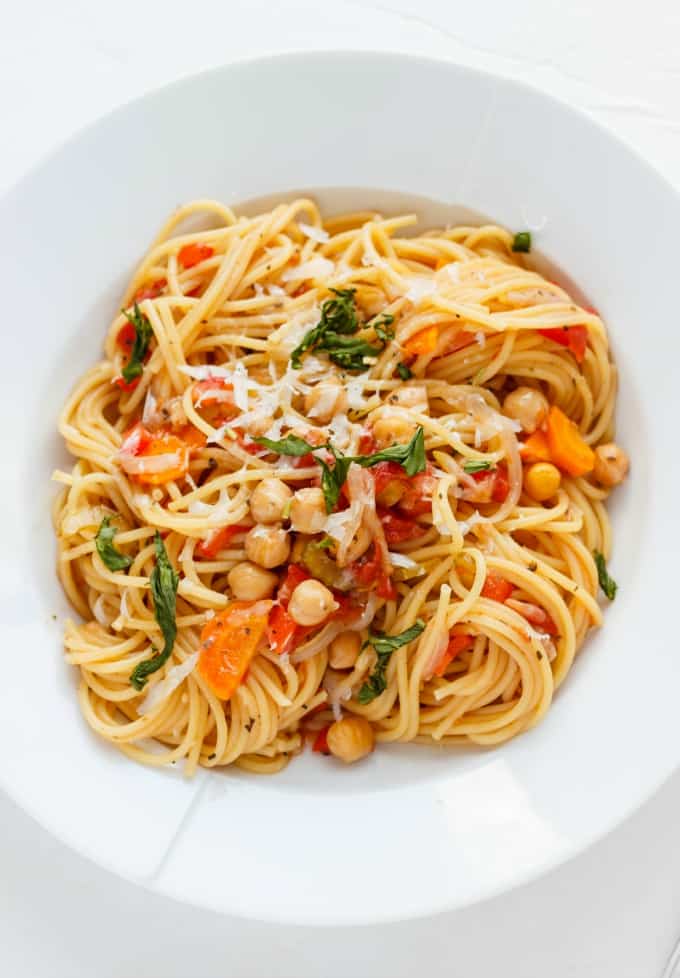 One-Pot Spaghetti Pasta Meal on white plate on white background