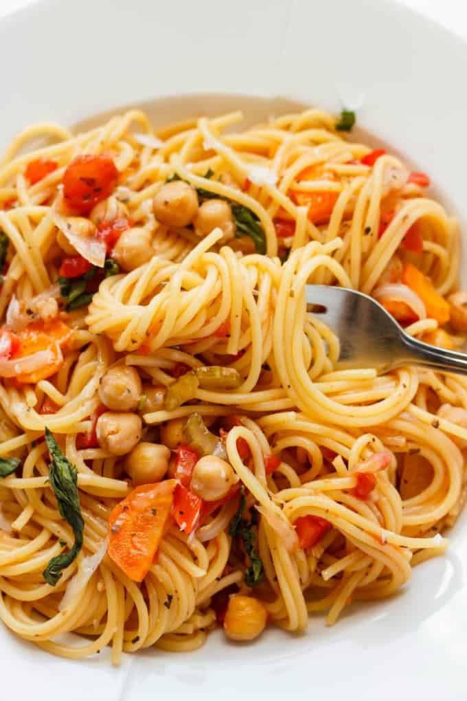 One-Pot Spaghetti Pasta Meal with fork on white plate