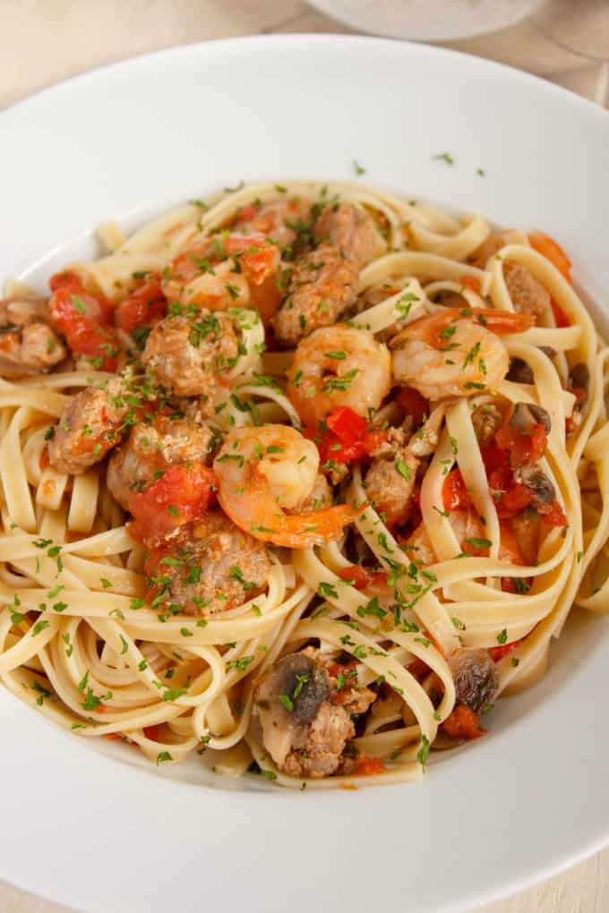 Shrimp and Sausage Pasta Sauce on white plate