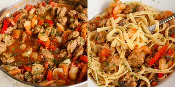 Shrimp and Sausage Pasta Sauce in pan and on white plate with fork