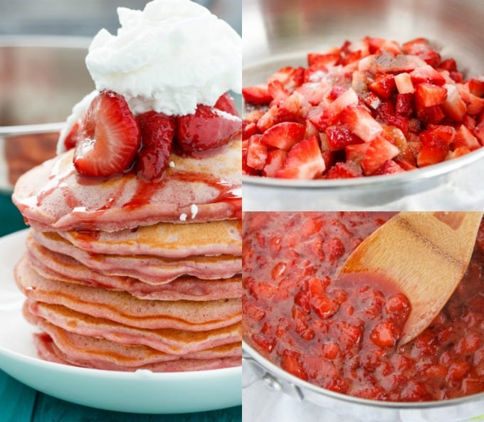 Strawberries and Cream Pancakes on white plate, cutted strawberries on strainer, strawberries in pot with wooden spatula