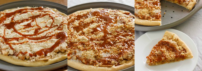 Apple Crisp Pizza on baking pot before and after baking, pizza slice on white plate, rest of pizza on tray