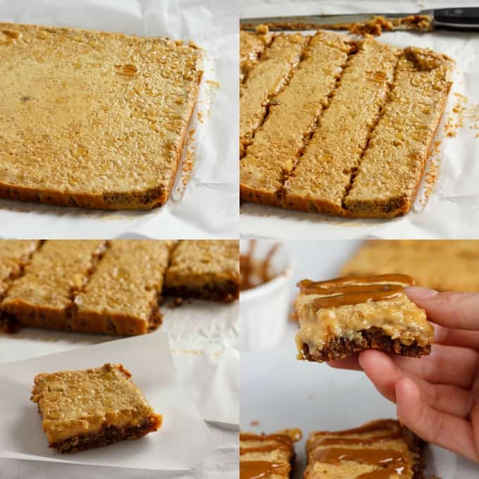Banana Bread Bars with a Peanut Butter-Molasses Drizzle  before and after being sliced on baking paper sheet, one bar held by hand