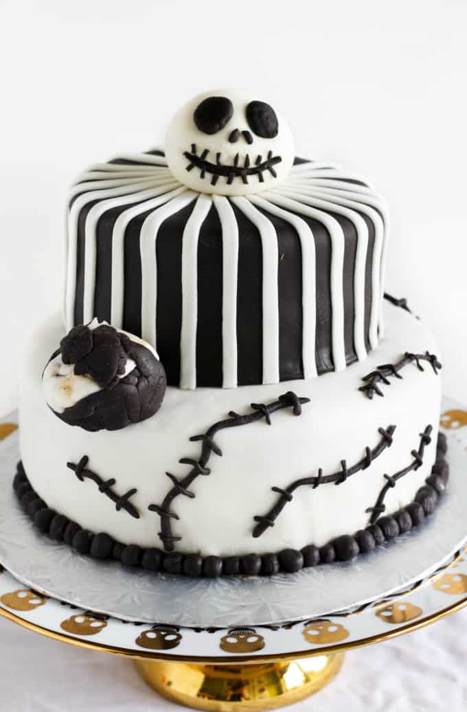 Nightmare Before Christmas Cake (Jack Skellington Cake) on white gold tray