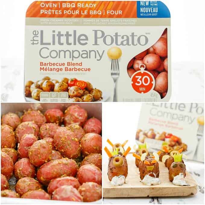Vomiting Potato Monsters  on wooden pad, little potato company package, seasoned potatoes in pot