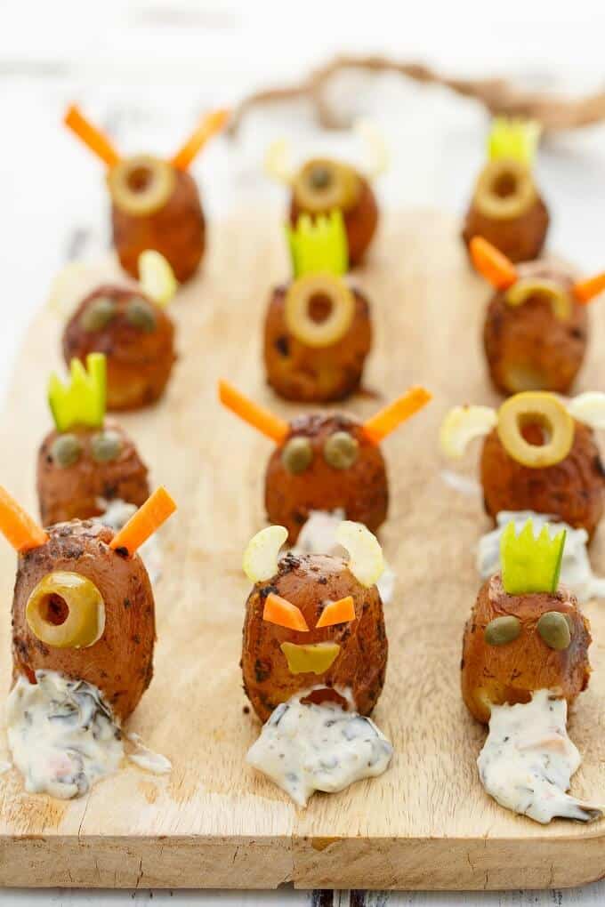 Vomiting Potato Monsters on wooden pad (for Halloween!)