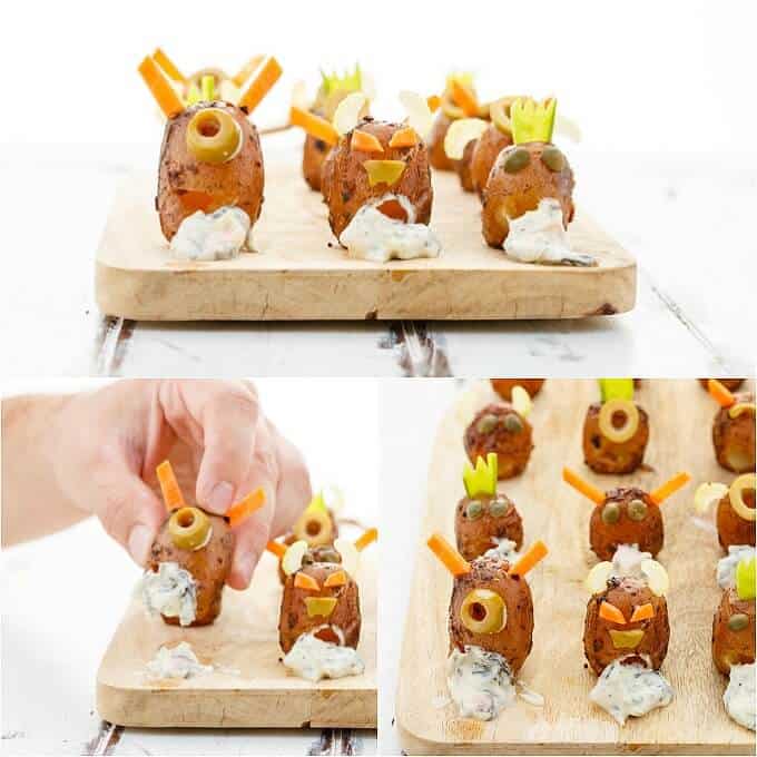 Vomiting Potato Monsters on wooden pads, one potato monster held by hand (for Halloween!)