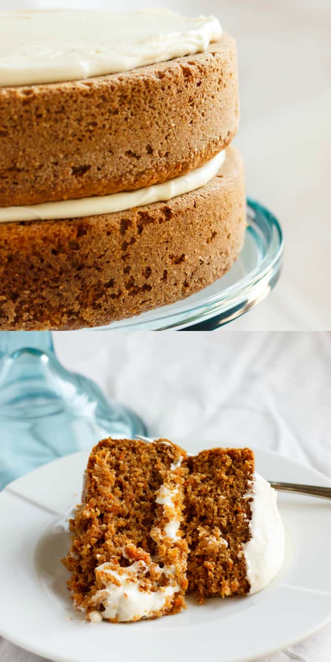 Gluten-Free Carrot Cake with Robin Hood Nutri Flour Blend on glass tray and on white plate